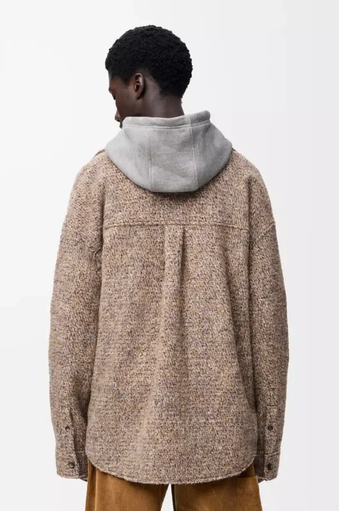 Yün ve lama karışımı overshirt Bej/Mavi Melanj