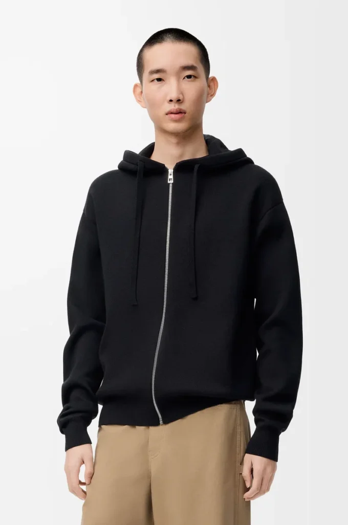 Yünlü Anagram fermuarlı kapüşonlu sweatshirt Siyah