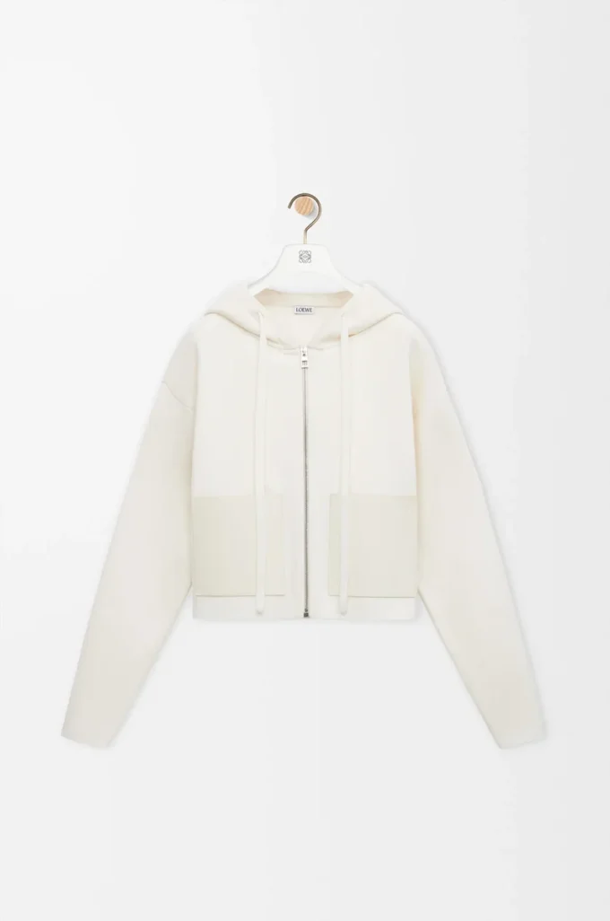 Yünlü fermuarlı kapüşonlu sweatshirt Beyaz