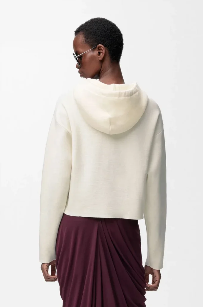 Yünlü fermuarlı kapüşonlu sweatshirt Beyaz