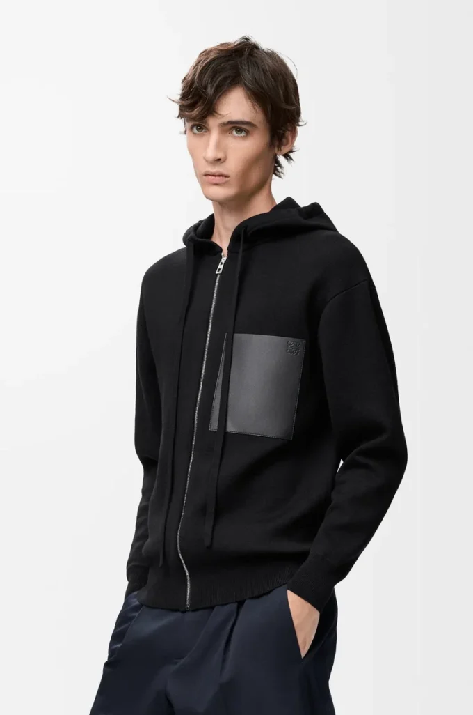 Yünlü fermuarlı kapüşonlu sweatshirt Siyah
