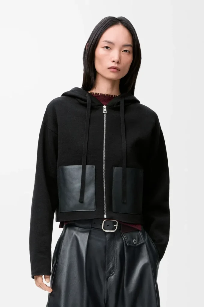 Yünlü fermuarlı kapüşonlu sweatshirt Siyah