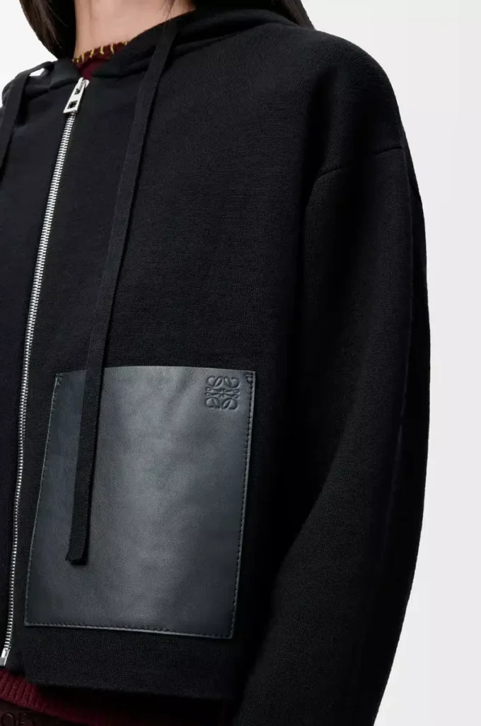 Yünlü fermuarlı kapüşonlu sweatshirt Siyah